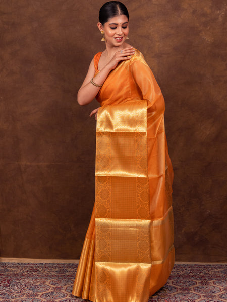 Coral Orange Banarasi Woven Soft Tissue Silk Saree From Hanfi Handicraft