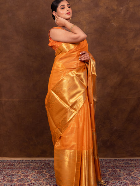 Coral Orange Banarasi Woven Soft Tissue Silk Saree From Hanfi Handicraft