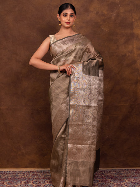 Pencil Grey Banarasi Authentic Soft Tissue Silk Saree with Rich Pallu Woven Design