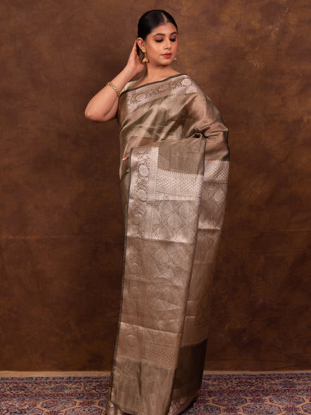 Pencil Grey Banarasi Authentic Soft Tissue Silk Saree with Rich Pallu Woven Design