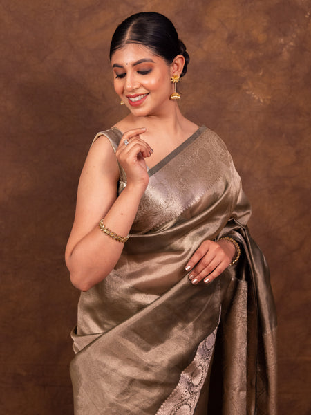Pencil Grey Banarasi Authentic Soft Tissue Silk Saree with Rich Pallu Woven Design