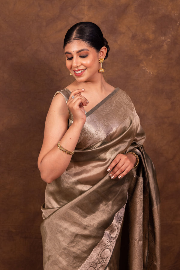 Pencil Grey Banarasi Authentic Soft Tissue Silk Saree with Rich Pallu Woven Design