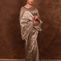 Pencil Grey Banarasi Authentic Soft Tissue Silk Saree with Rich Pallu Woven Design