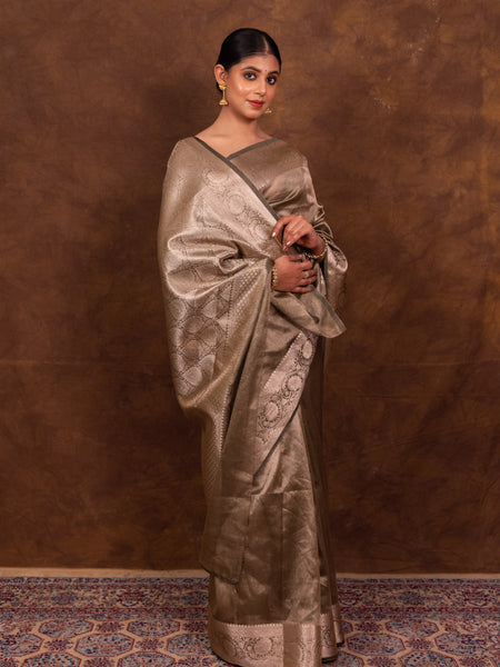 Pencil Grey Banarasi Authentic Soft Tissue Silk Saree with Rich Pallu Woven Design