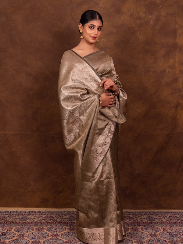 Pencil Grey Banarasi Authentic Soft Tissue Silk Saree with Rich Pallu Woven Design