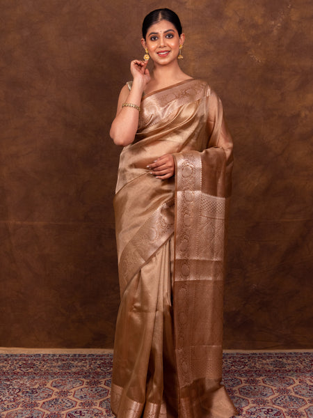 Coffee Brown Banarasi Authentic Soft Tissue Silk Saree with Rich Pallu Woven Design