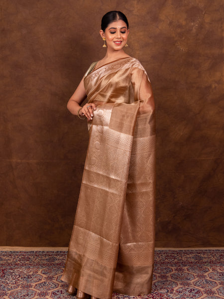 Coffee Brown Banarasi Authentic Soft Tissue Silk Saree with Rich Pallu Woven Design
