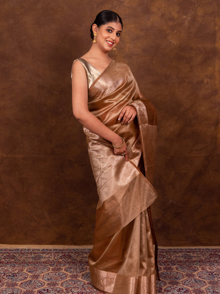 Coffee Brown Banarasi Authentic Soft Tissue Silk Saree with Rich Pallu Woven Design