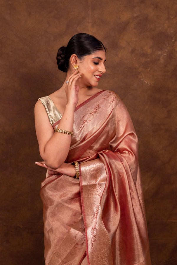 Rose Pink Banarasi Authentic Soft Tissue Silk Saree with Rich Pallu Woven Design