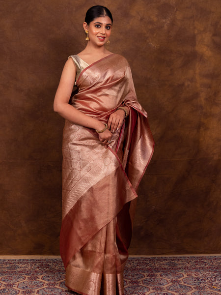 Rose Pink Banarasi Authentic Soft Tissue Silk Saree with Rich Pallu Woven Design
