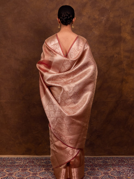 Rose Pink Banarasi Authentic Soft Tissue Silk Saree with Rich Pallu Woven Design