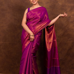 Magenta Pink Banarasi Soft Silk Saree Tanchoi Pattern with Copper Zari