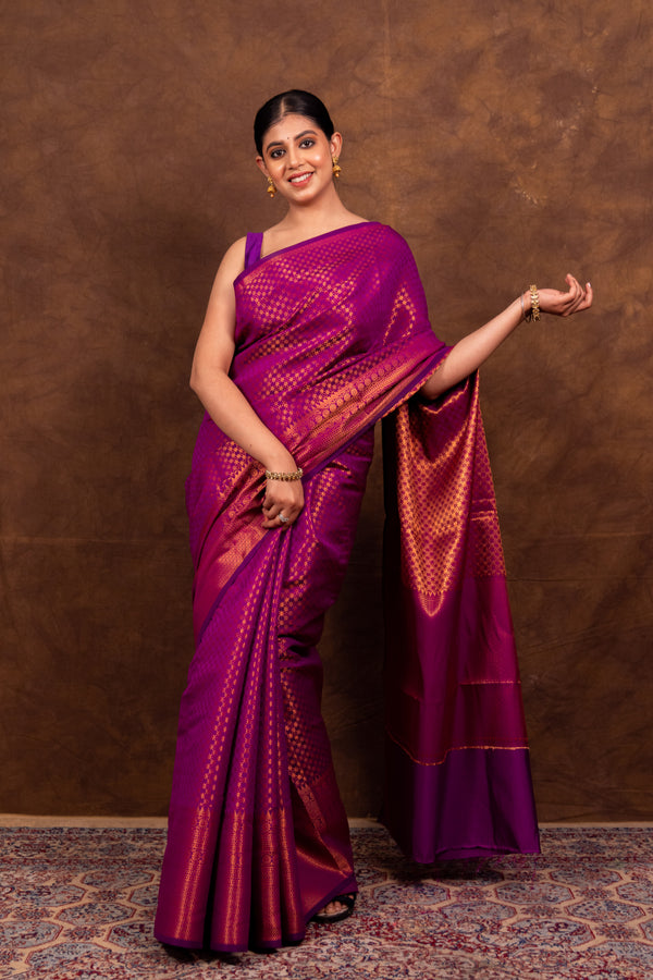 Magenta Pink Banarasi Soft Silk Saree Tanchoi Pattern with Copper Zari