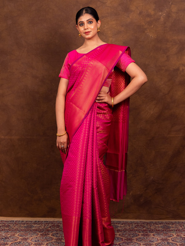 Rani Pink Banarasi Soft Silk Saree Tanchoi Pattern with Copper Zari
