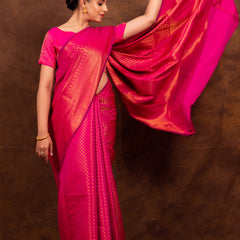 Rani Pink Banarasi Soft Silk Saree Tanchoi Pattern with Copper Zari
