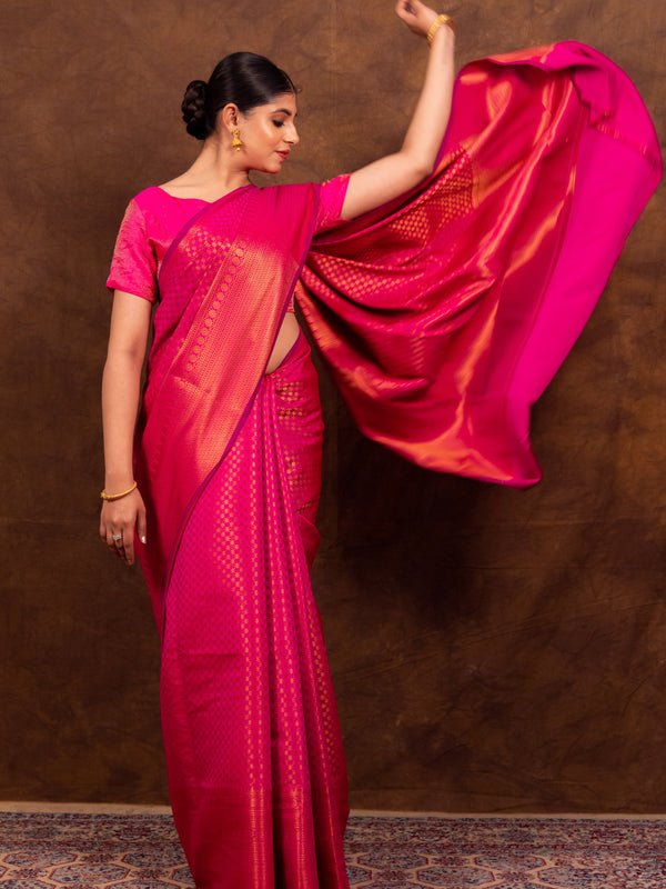 Rani Pink Banarasi Soft Silk Saree Tanchoi Pattern with Copper Zari