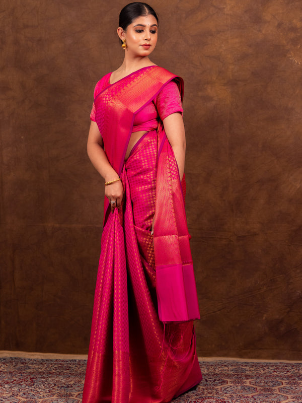 Rani Pink Banarasi Soft Silk Saree Tanchoi Pattern with Copper Zari