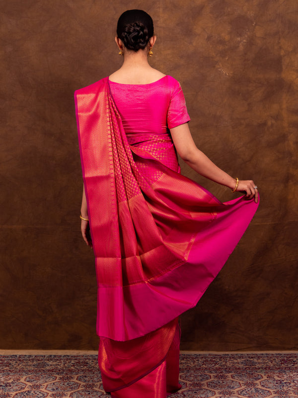 Rani Pink Banarasi Soft Silk Saree Tanchoi Pattern with Copper Zari