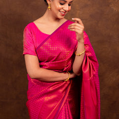 Rani Pink Banarasi Soft Silk Saree Tanchoi Pattern with Copper Zari
