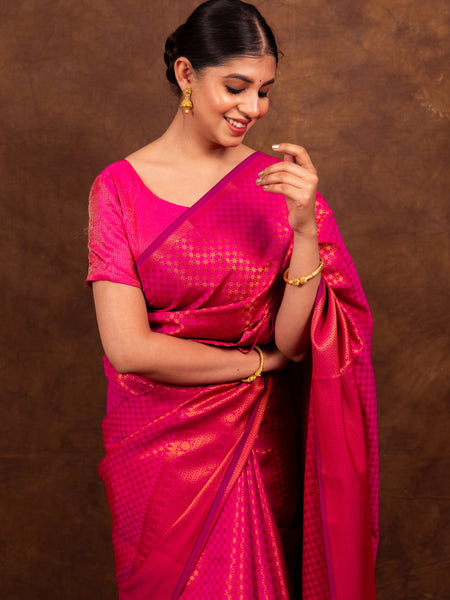 Rani Pink Banarasi Soft Silk Saree Tanchoi Pattern with Copper Zari
