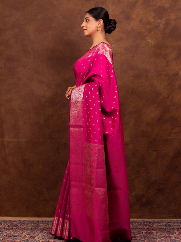 Rani Pink Gorgeous Banarasi Soft Silk Saree with Intricate Gold Zari Work