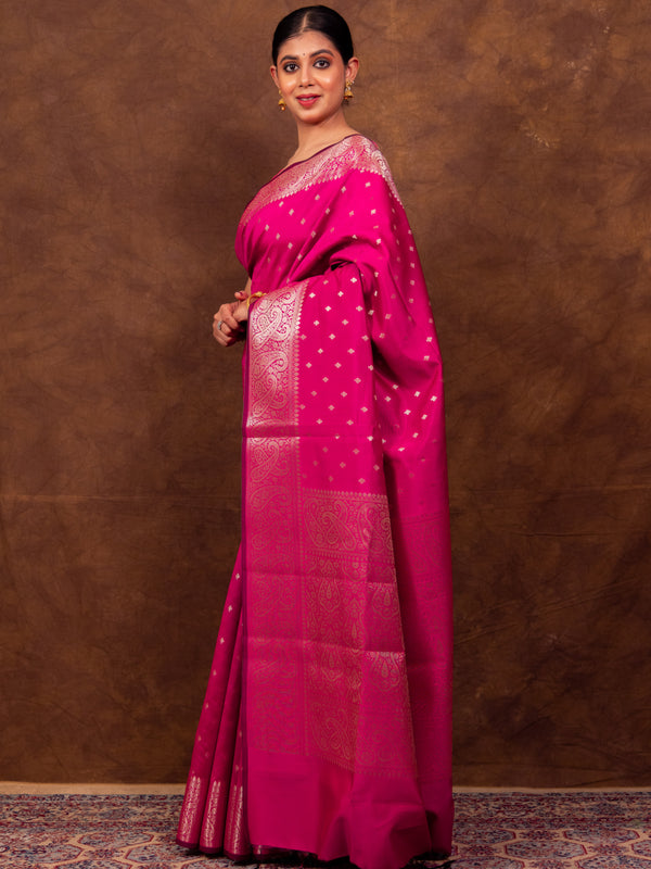 Rani Pink Gorgeous Banarasi Soft Silk Saree with Intricate Gold Zari Work