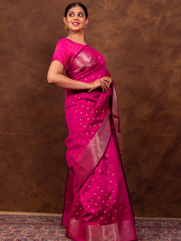 Rani Pink Gorgeous Banarasi Soft Silk Saree with Intricate Gold Zari Work