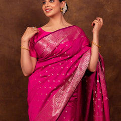 Rani Pink Gorgeous Banarasi Soft Silk Saree with Intricate Gold Zari Work