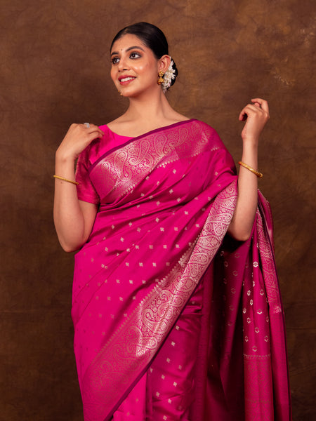 Rani Pink Gorgeous Banarasi Soft Silk Saree with Intricate Gold Zari Work