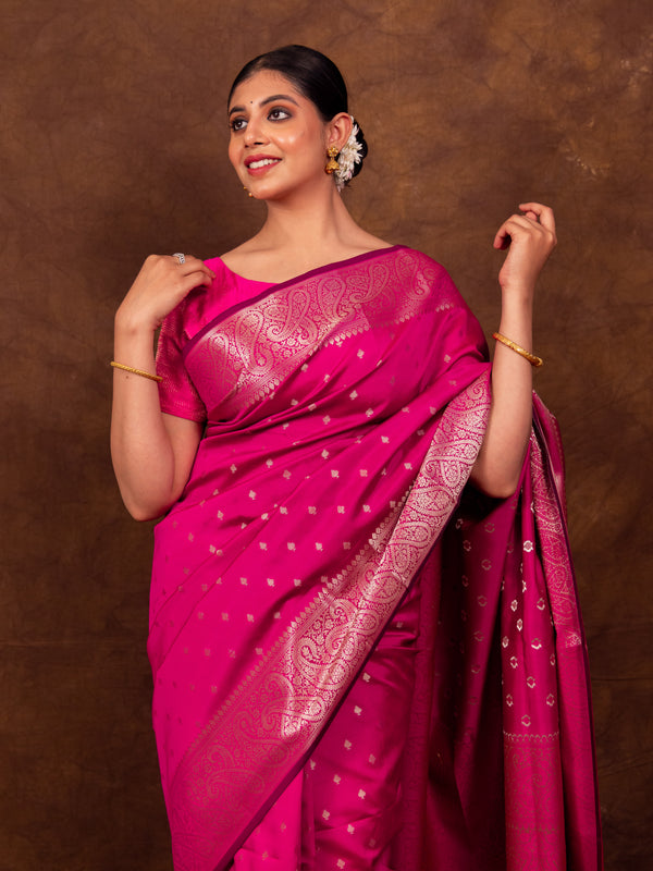 Rani Pink Gorgeous Banarasi Soft Silk Saree with Intricate Gold Zari Work