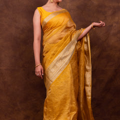 Yellow Gold Crushed Tissue Silk Saree | Banarasi Woven Saree