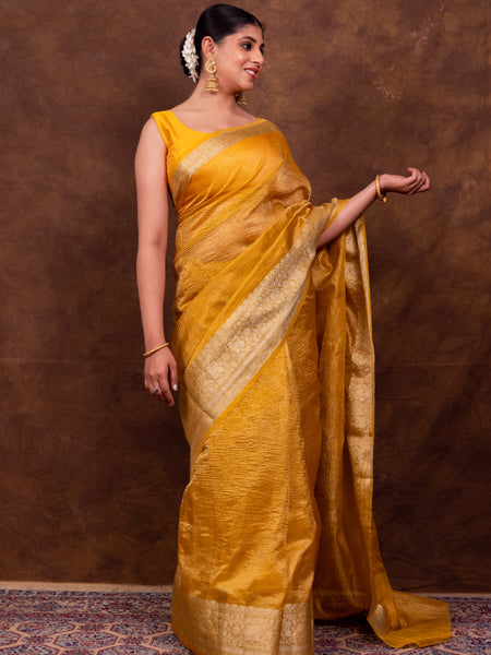 Yellow Gold Crushed Tissue Silk Saree | Banarasi Woven Saree