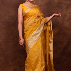 Yellow Gold Crushed Tissue Silk Saree | Banarasi Woven Saree