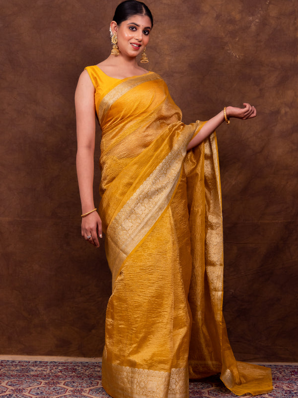Yellow Gold Crushed Tissue Silk Saree | Banarasi Woven Saree