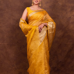 Yellow Gold Crushed Tissue Silk Saree | Banarasi Woven Saree