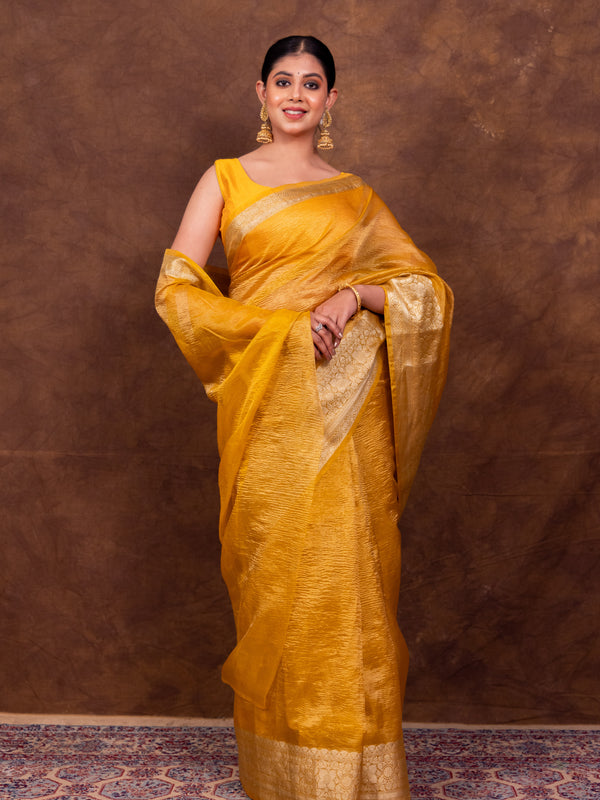 Yellow Gold Crushed Tissue Silk Saree | Banarasi Woven Saree