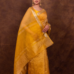 Yellow Gold Crushed Tissue Silk Saree | Banarasi Woven Saree