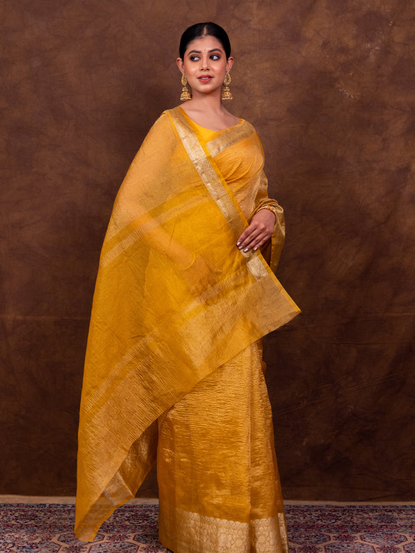 Yellow Gold Crushed Tissue Silk Saree | Banarasi Woven Saree