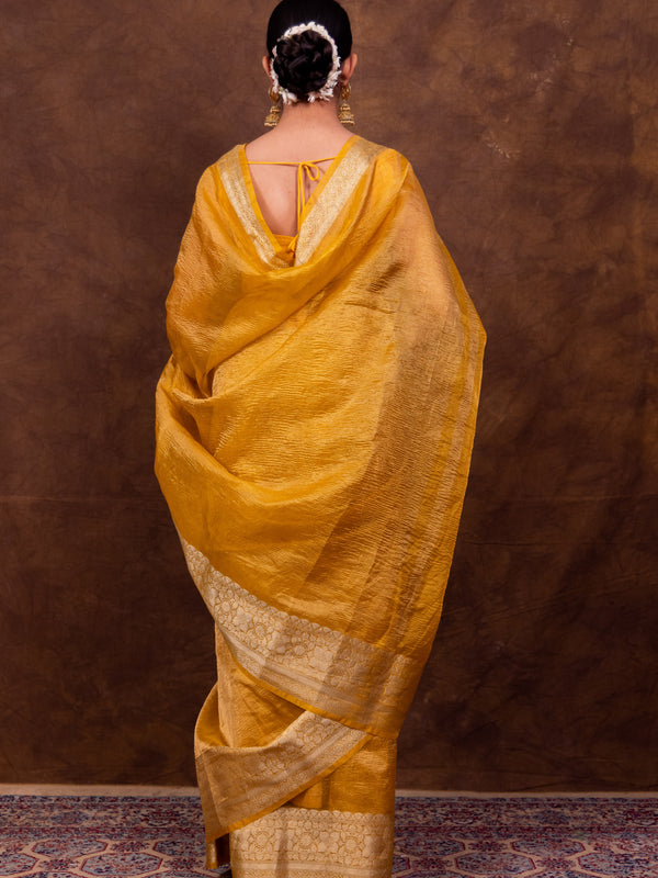 Yellow Gold Crushed Tissue Silk Saree | Banarasi Woven Saree