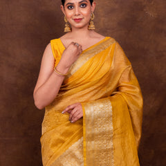 Yellow Gold Crushed Tissue Silk Saree | Banarasi Woven Saree