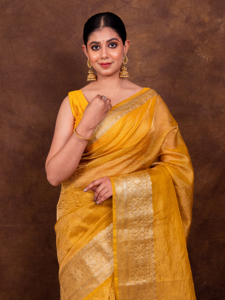 Yellow Gold Crushed Tissue Silk Saree | Banarasi Woven Saree