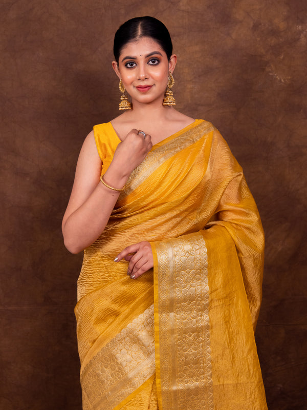 Yellow Gold Crushed Tissue Silk Saree | Banarasi Woven Saree