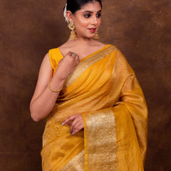 Yellow Gold Crushed Tissue Silk Saree | Banarasi Woven Saree