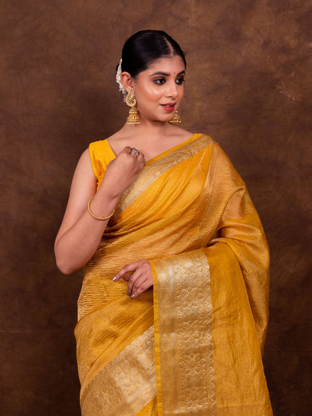 Yellow Gold Crushed Tissue Silk Saree | Banarasi Woven Saree