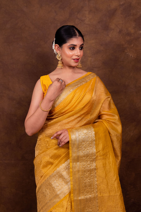 Trending Gold Crushed Tissue Silk Saree | Banarasi Woven Saree