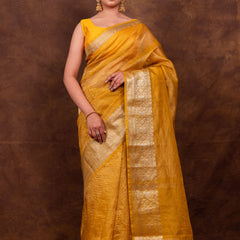 Yellow Gold Crushed Tissue Silk Saree | Banarasi Woven Saree