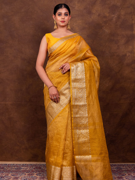 Yellow Gold Crushed Tissue Silk Saree | Banarasi Woven Saree