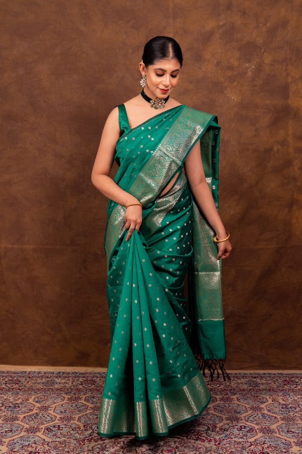 Parakeet Green Gorgeous Banarasi Soft Silk Saree with Intricate Gold Zari Work