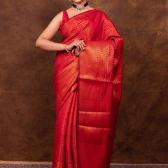 Scarlet Red Banarasi Soft Silk Saree Tanchoi Pattern with Copper Zari