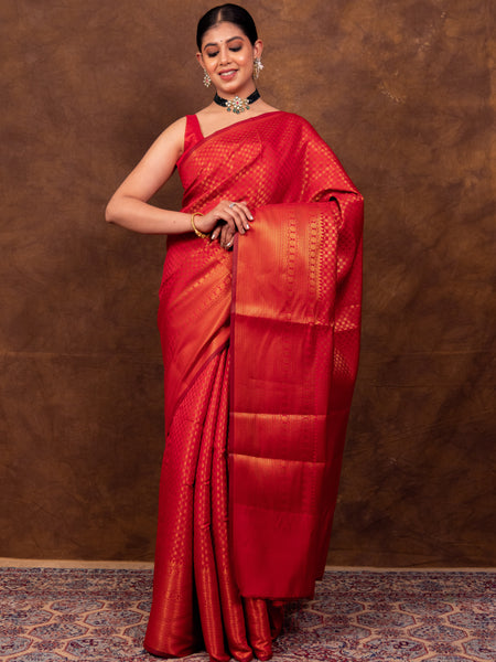 Scarlet Red Banarasi Soft Silk Saree Tanchoi Pattern with Copper Zari